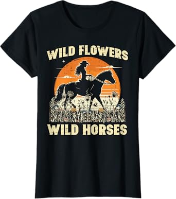 Wild Flowers Horses Cowgirl Retro Rodeo Girls Kids Women T-Shirt