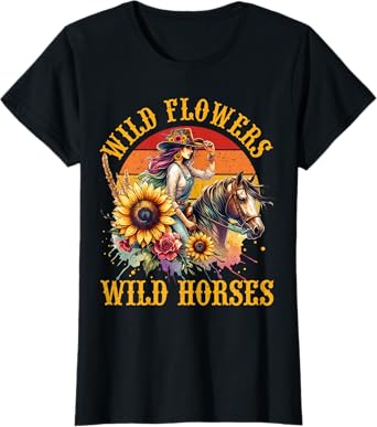 Retro Southern Sunset Cowgirl Wild Flowers - Wild Horses T-Shirt