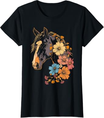 Horse Flowers Horseback Riding Cowgirl Equestrian Horse T-Shirt