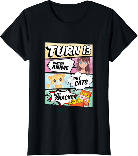 13th Birthday Anime Girl turns 13 pet cats watch anime T-Shirt