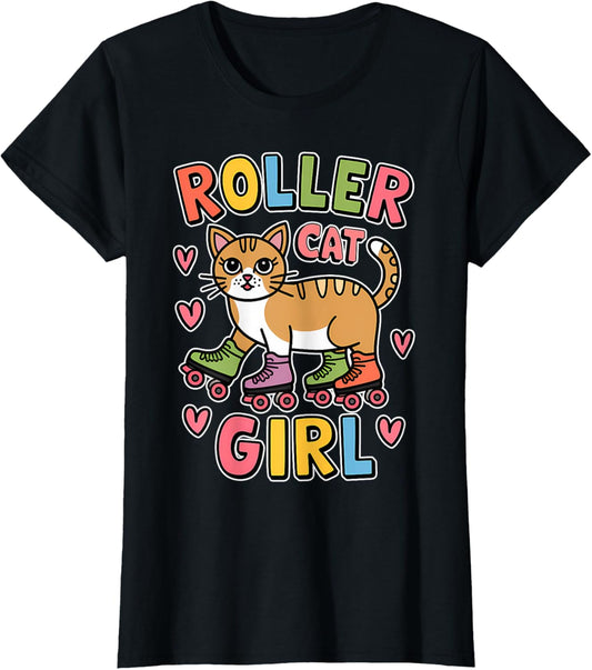 Roller Cat Girl Skating Cat Funny Roller Skating T-Shirt