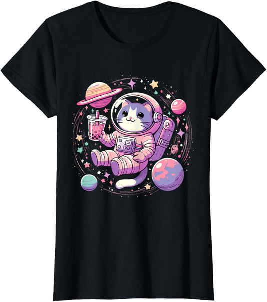 Kawaii Cat Bubble Tea Boba Tea In Space Astronaut T-Shirt