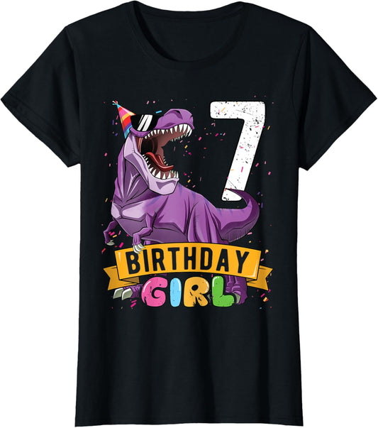 7th Birthday Shirt Birthday Girl T Rex Kids 7 Year Old T-Shirt