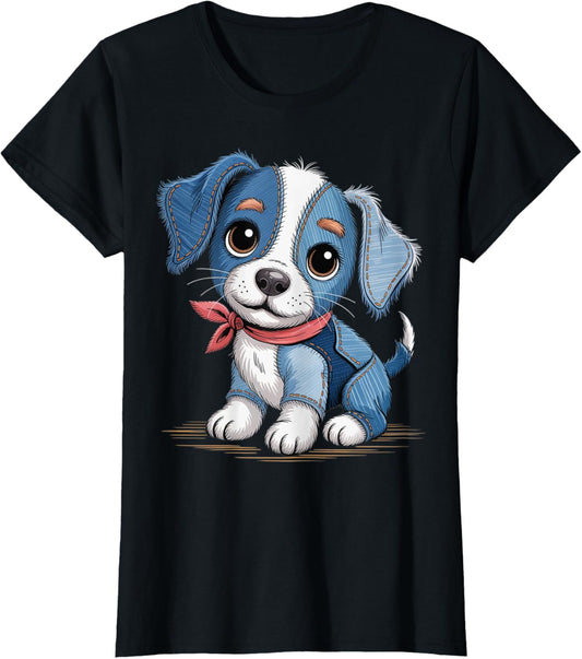 cute dog denim patchwork art for ladies T-Shirt