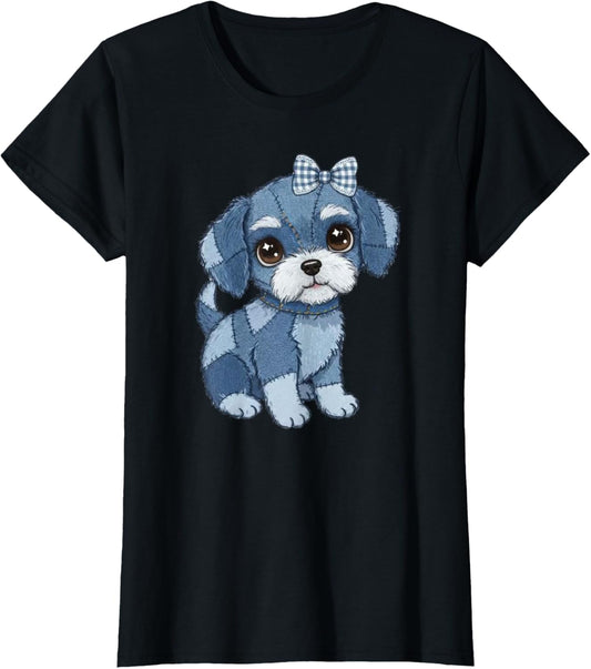 dog pattern denim patchwork art women girl funny tee T-Shirt
