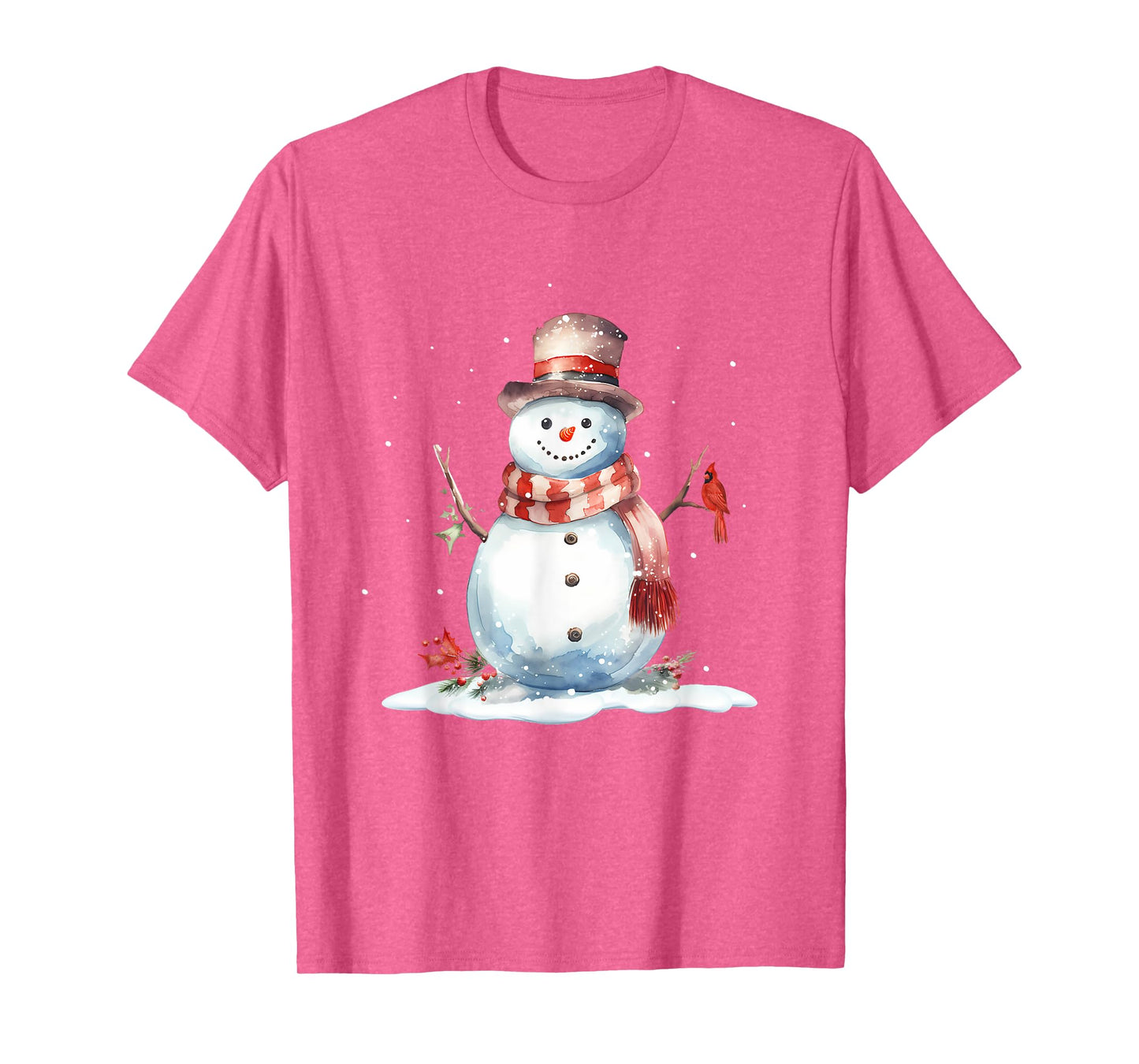Cardinal Bird on Cute Winter Christmas Snowman, watercolor T-Shirt