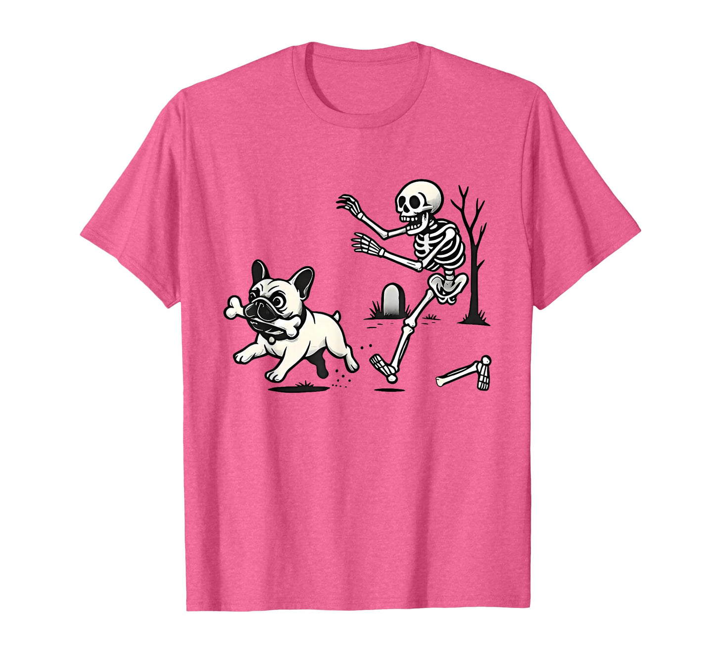 Skeleton Chasing French Bulldog Biting Leg Bone Halloween T-Shirt