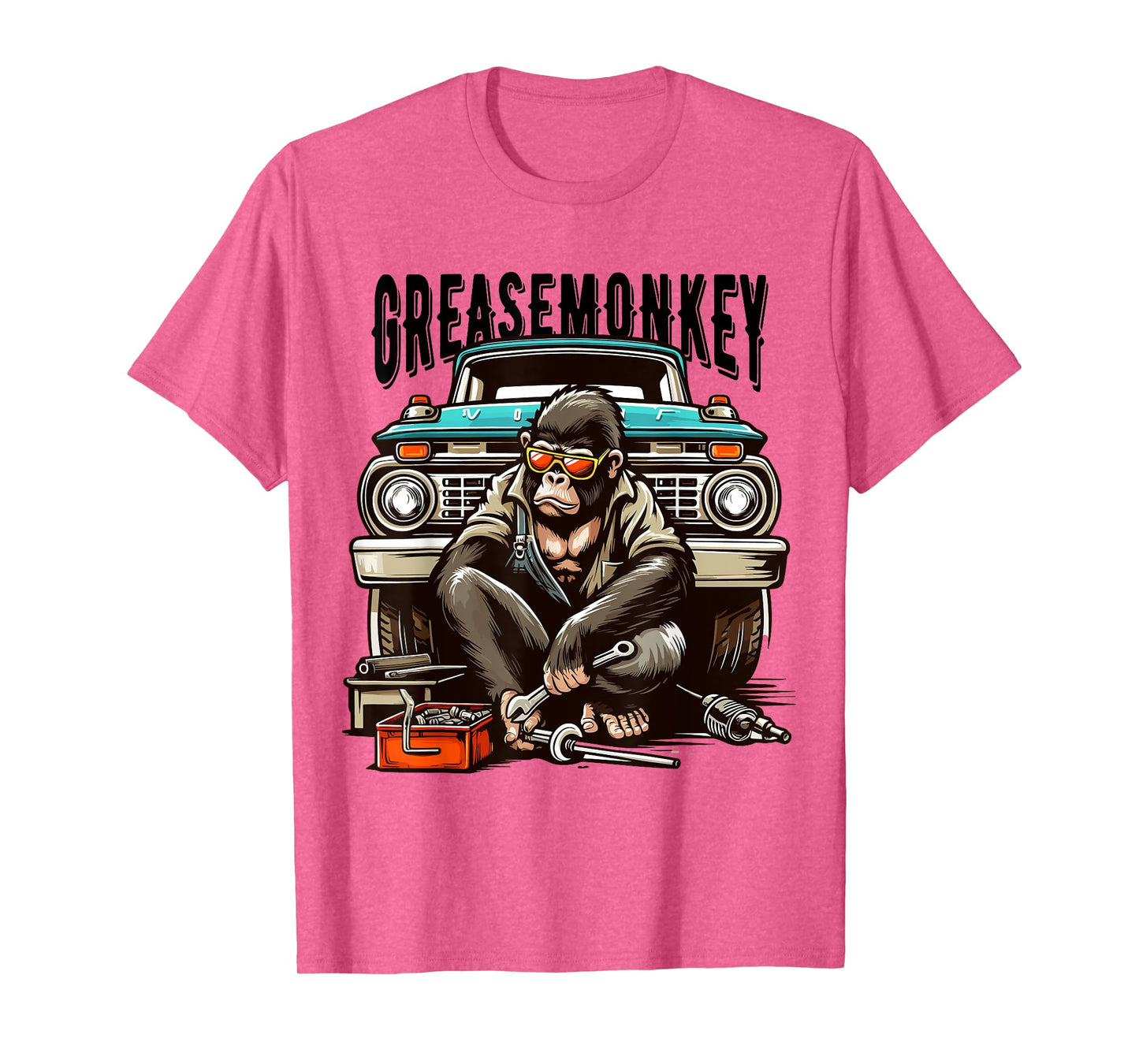 Cool Grease Monkey with Sunglasses Working on Vintage Truck T-Shirt