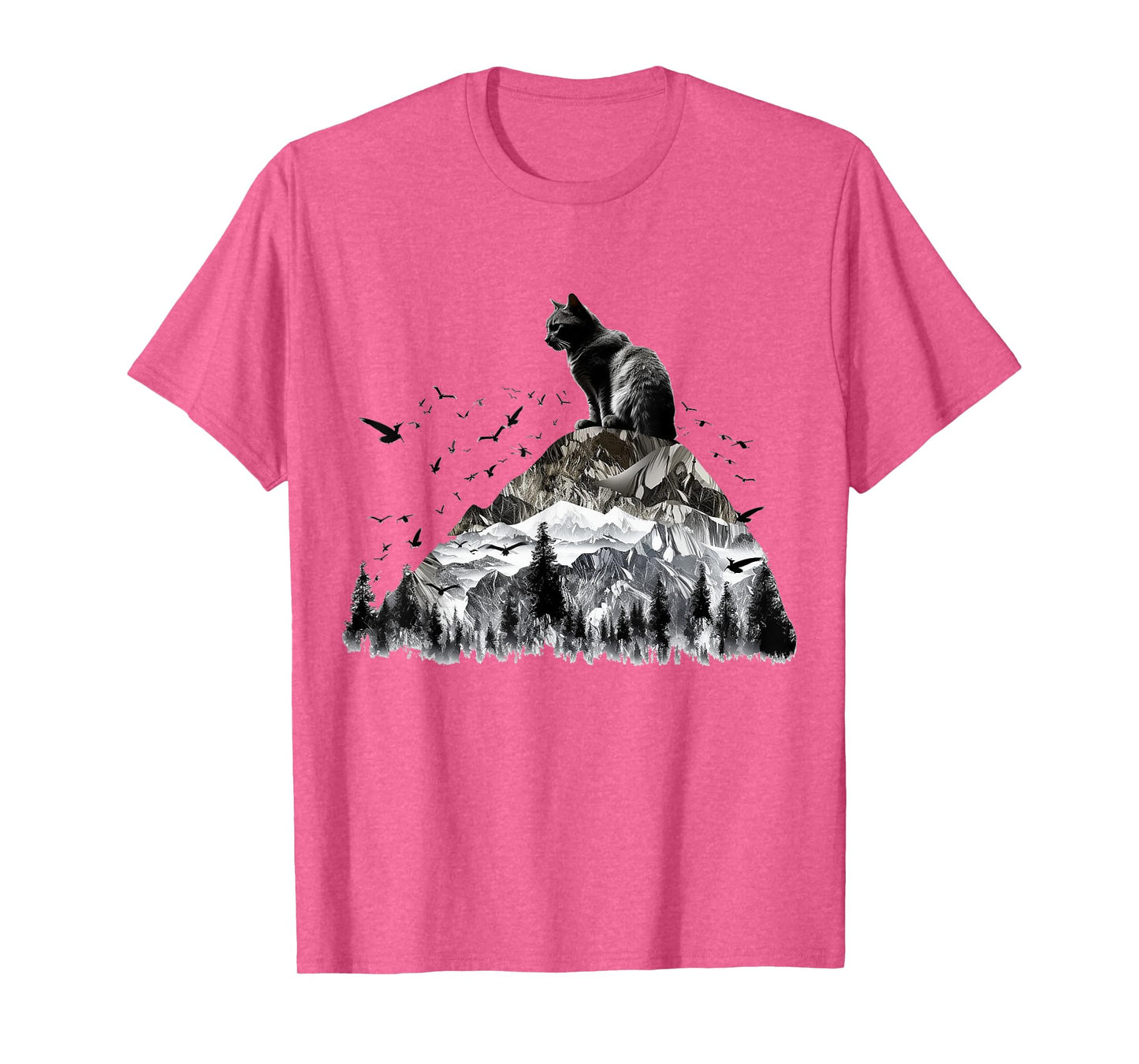 Cat Mountains Bird Artwork | Animal Motif Cat T-Shirt