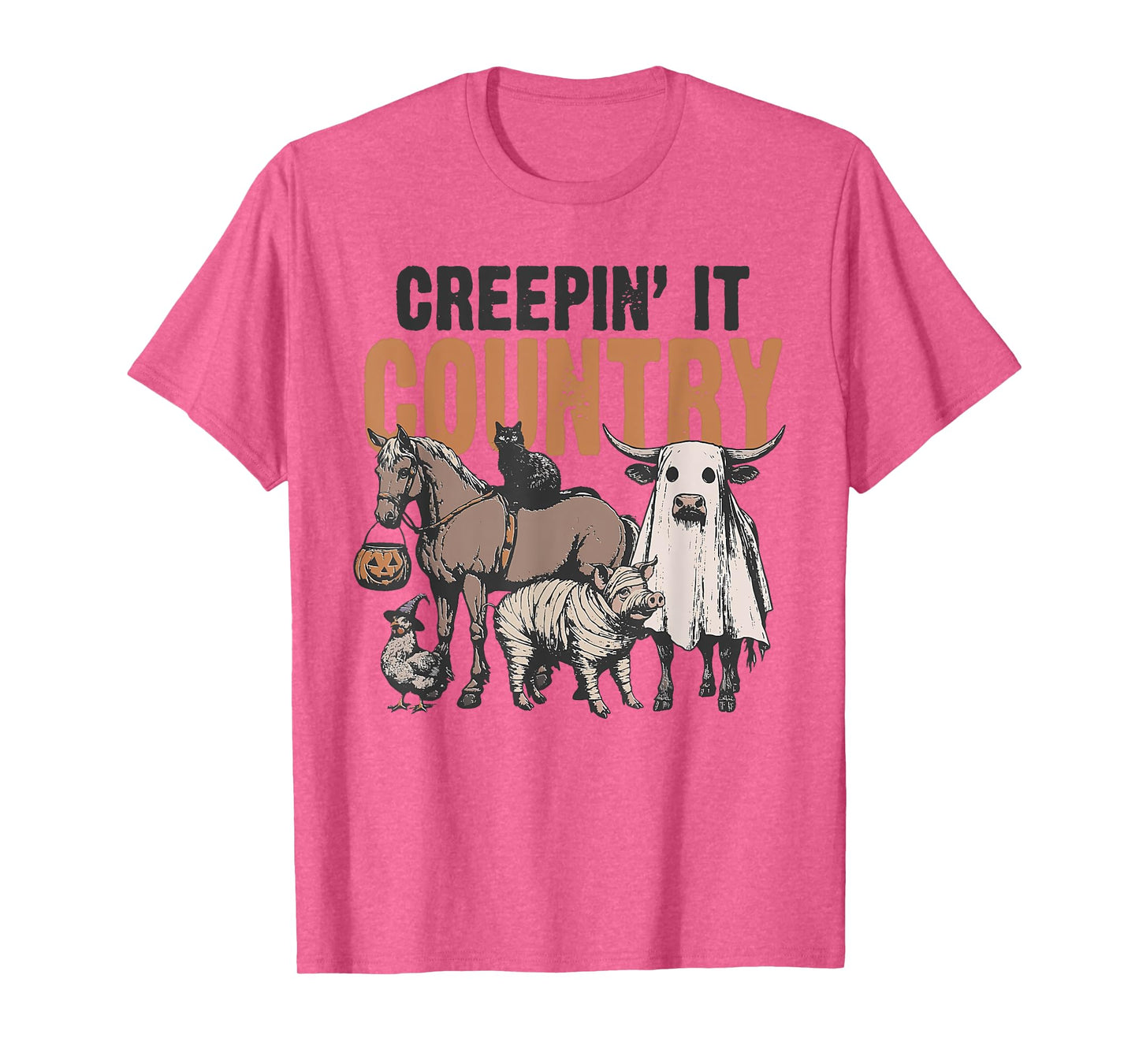 Creepin' It Country Halloween Farm Animal Cow Black Cat Pig T-Shirt