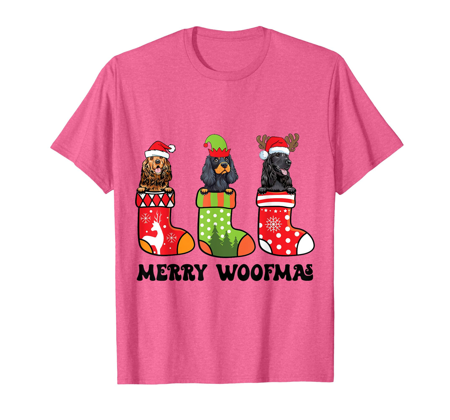 Cocker Spaniel Dogs With Reindeer Santa On Christmas Sock T-Shirt