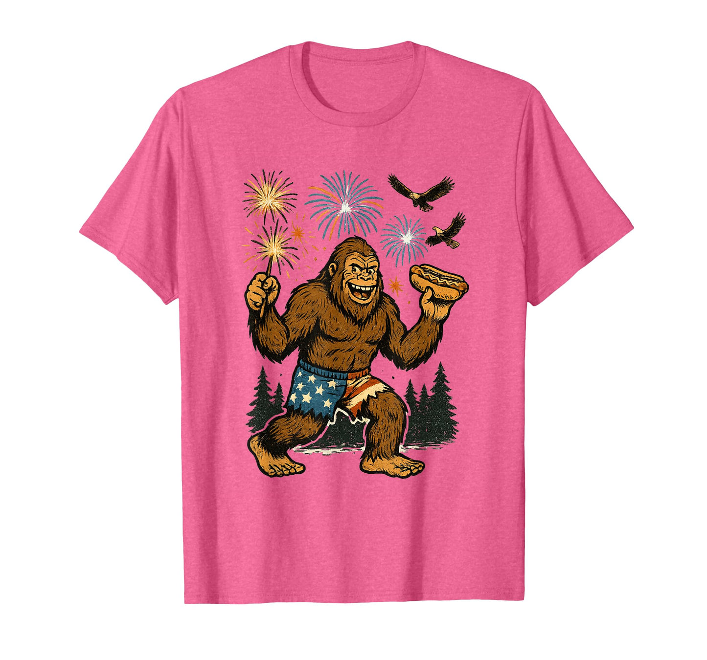 Bigfoot Fireworks 4th of July Men Sasquatch American US Flag T-Shirt