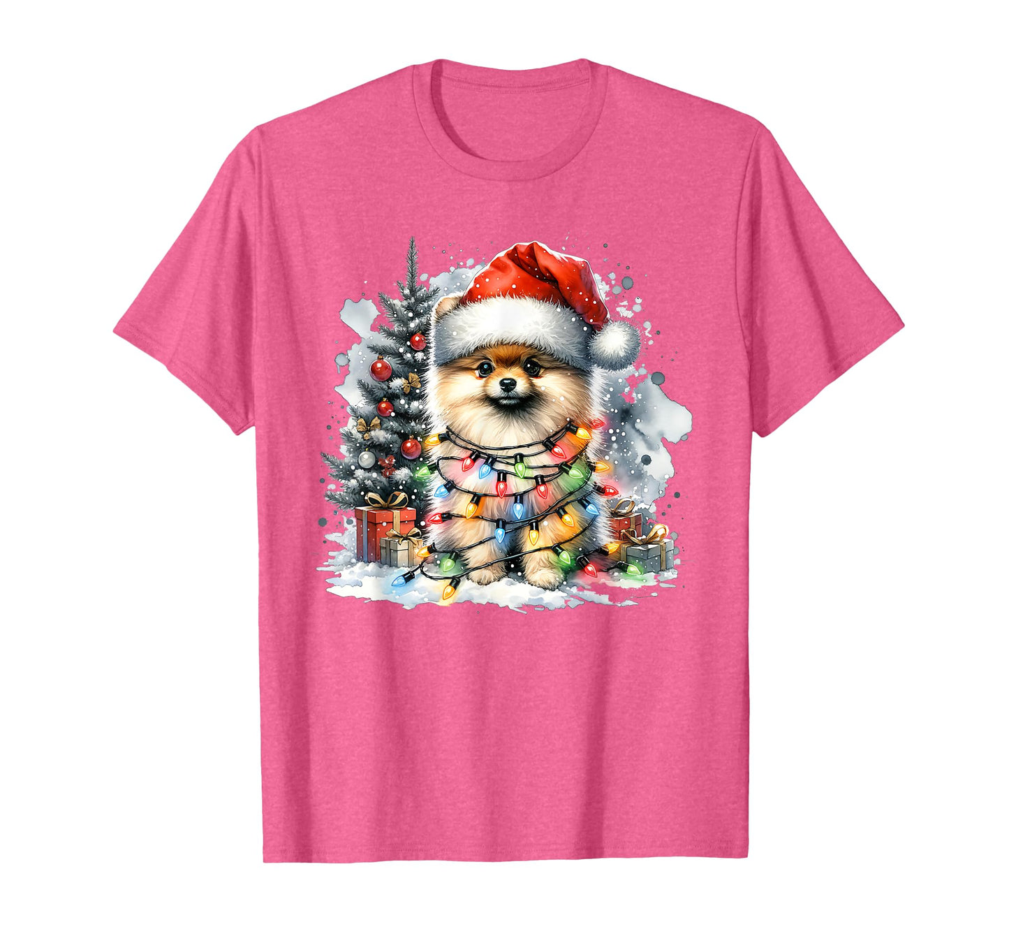 Funny Cute Santa Pomeranian Dog Tangled In Christmas Lights T-Shirt