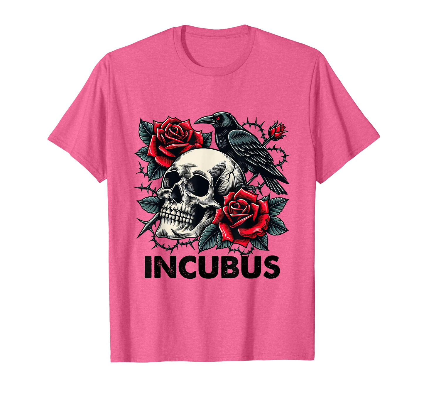 Retro Halloween Graphic Incubus-Crow Left Skull And Flower T-Shirt
