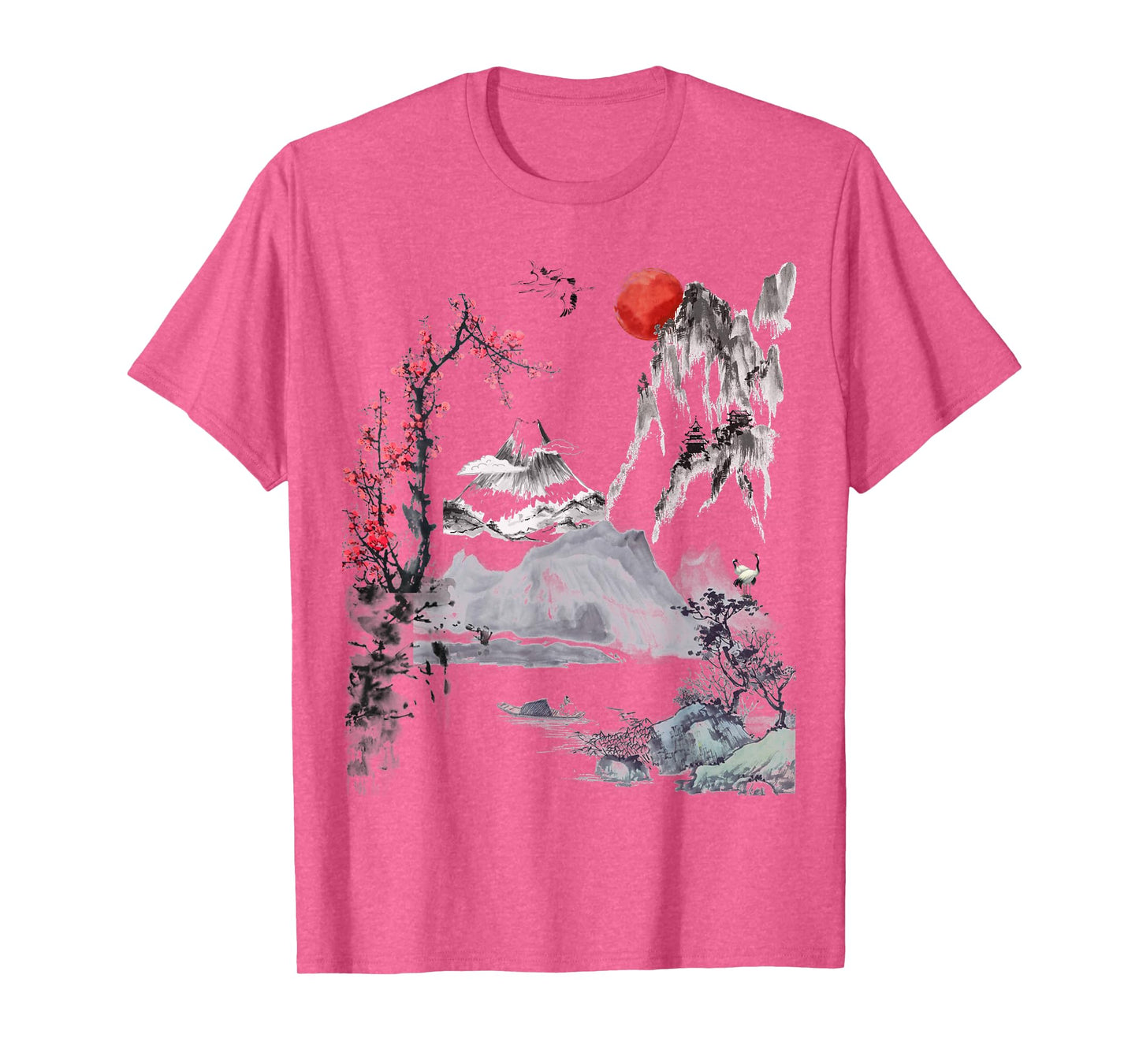 Japanese Art Tree Red Moon With Birds Flying in Background T-Shirt