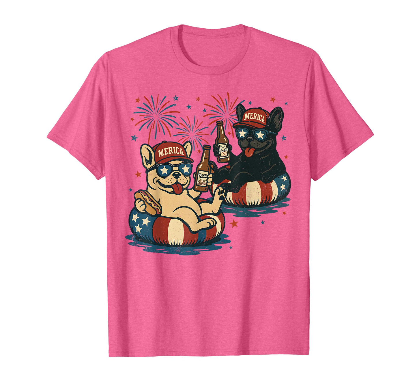 Retro Dogs With Beer, French Bulldog Adult 4th of July T-Shirt