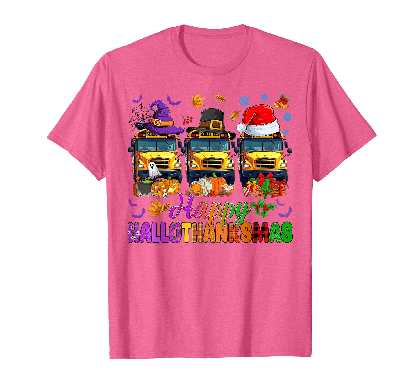 Happy Hallothanksmas School Bus Halloween Thanksgiving Xmas T-Shirt