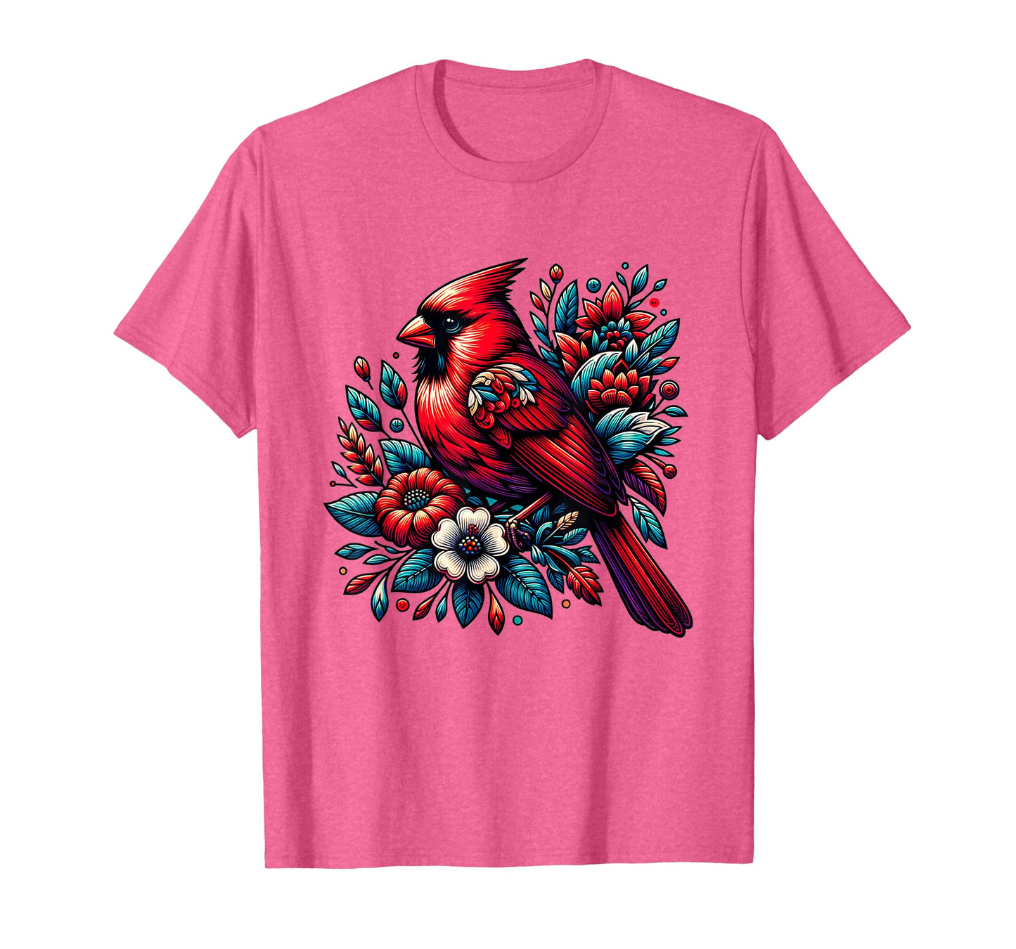 Cute Red Cardinal Bird Vintage Flowers Northern Cardinal T-Shirt