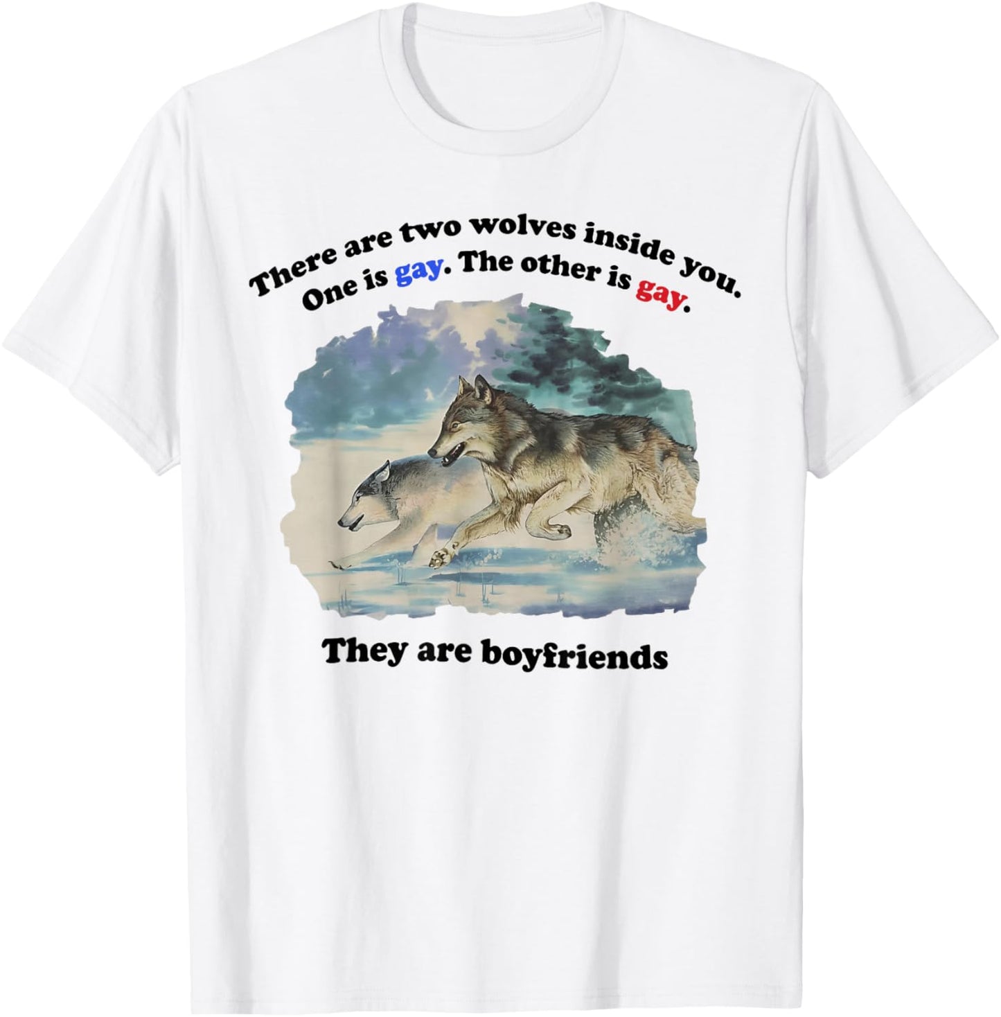 There are Two Wolves Inside You Both are Gay Pride Meme T-Shirt T-Shirt - T-Shirt | White