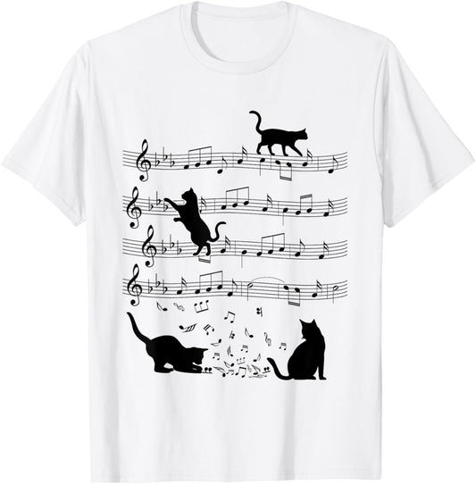 Funny Cat Kitty Playing Music Note Clef Piano Musician Art T-Shirt