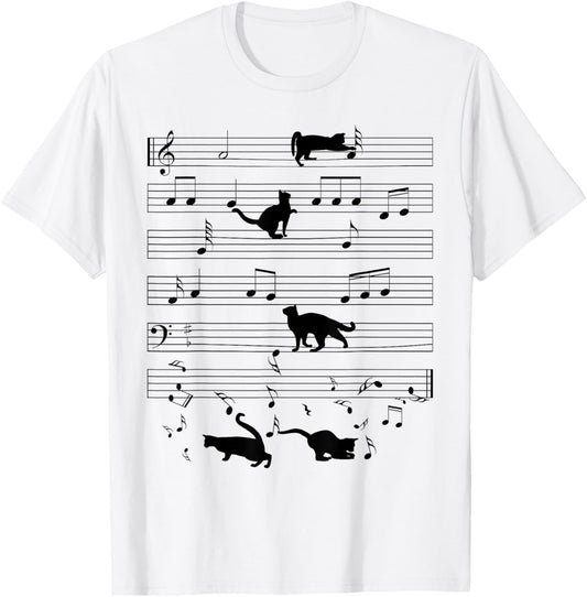 Black Cat Kitten Playing Music Note Clef Musician Boys Girls T-Shirt