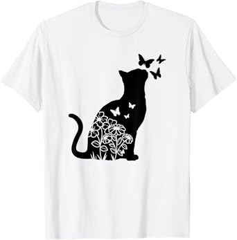 Cat Lover Flowers Butterfly Floral Women Girls, Cat Mom Cute T-Shirt