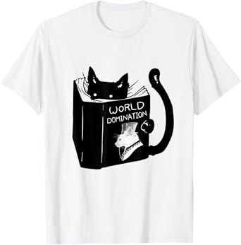 Pet Tees Cat World Domination T-Shirt - Unisex-Adults, Small, White, Short Sleeve
