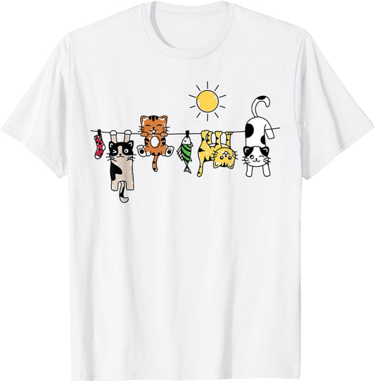 Cute Cats Hanging on a Clothes Line Funny Cat T-Shirt