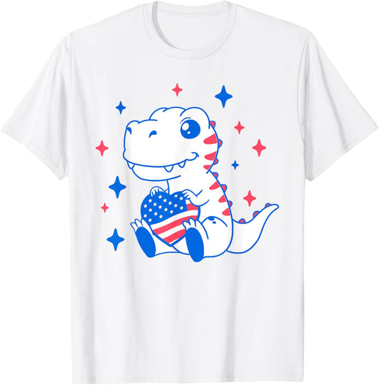 4th of July Dino Heart American Flag USA Toddler Kids Boys T-Shirt