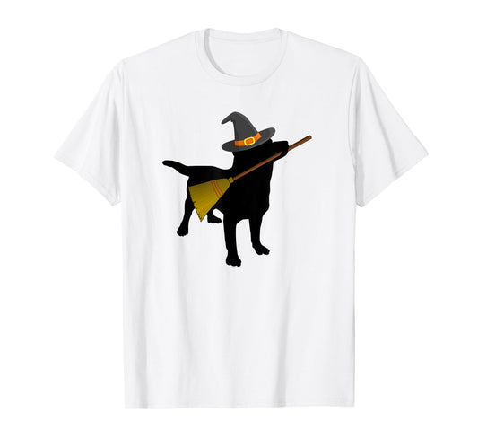 Funny Halloween Black Lab Dog Cute Witch Hat Broom T-shirt T-Shirt