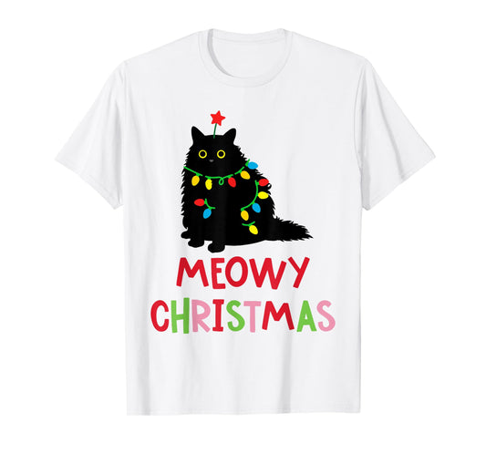 Meowy Christmas Funny Black Cat Christmas Lights Cat Lovers Men Women Kids T-Shirt
