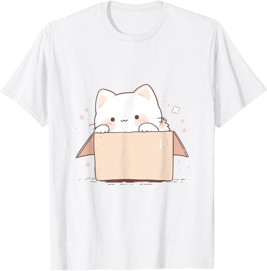 Cute White Cat in a Box Japanese Kawaii Cartoon Graphic T-Shirt