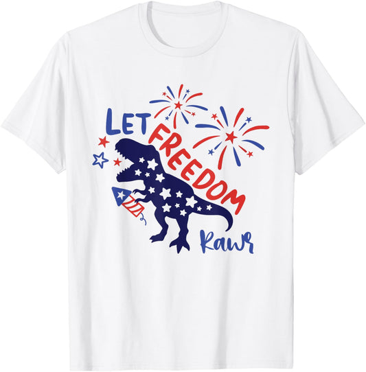 Let Freedom Rawr 4th of July Dinosaur Fireworks USA Flag T-Shirt