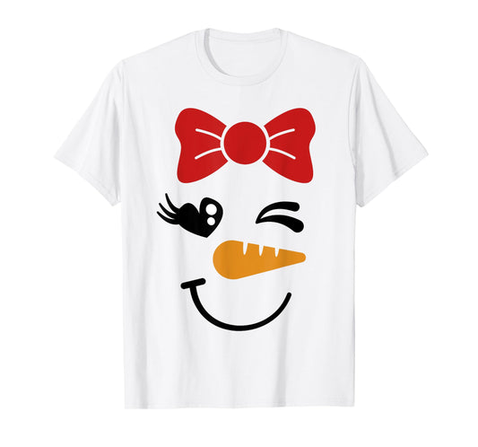 Pink Bow Snowman For Girls Cute Snowgirl Face Christmas T-Shirt