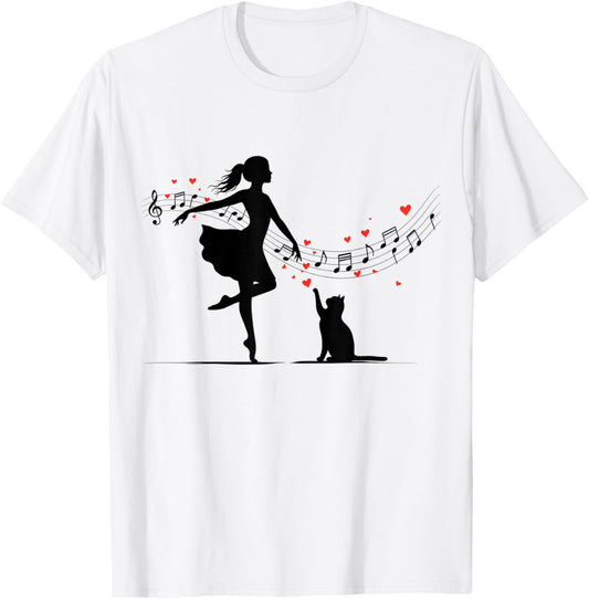 Girl and Cute Cat Dance with Music Notes and Hearts T-Shirt