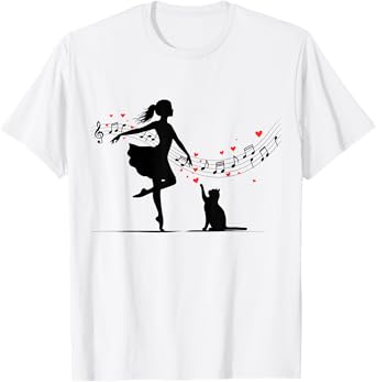 Girl and Cute Cat Dance with Music Notes and Hearts T-Shirt