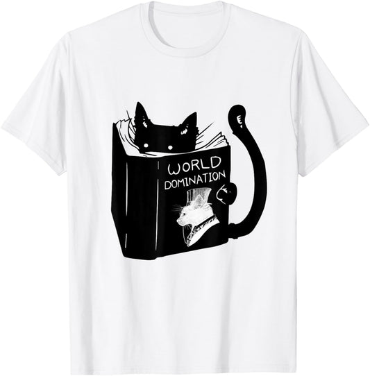 Cat World Domination T-Shirt - Unisex-Adults, Small, White, Short Sleeve
