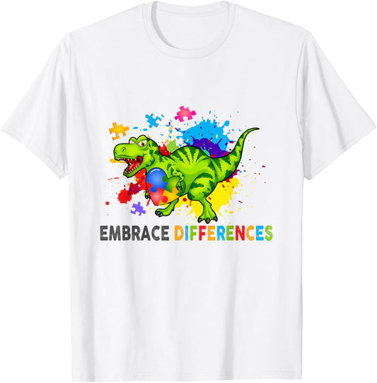 Autism Awareness Month Support Embrace Differences Dinosaur T-Shirt