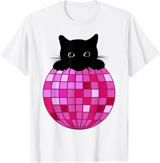 Aesthetic Disco Ball Hot Pink Black Cat Disco Cat Lover T-Shirt