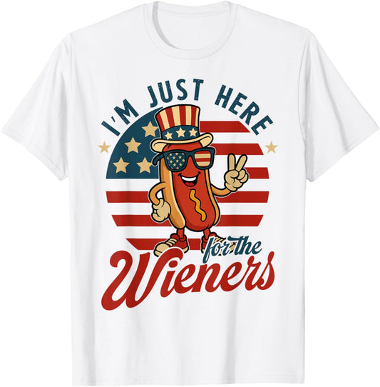 Im Just Here For The Wieners Funny 4Th Of July HotDog Retro T-Shirt