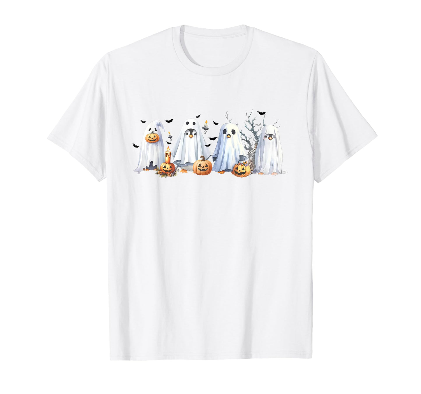 Funny Pumpkin Penguin Ghost Halloween Penguin Lover Womens T-Shirt