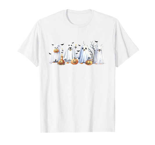Funny Pumpkin Penguin Ghost Halloween Penguin Lover Womens T-Shirt