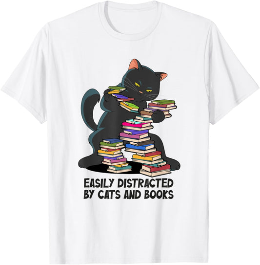 Easily Distracted by Cats and Books Dance Cat Reading Book T-Shirt