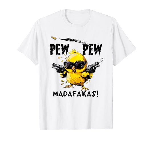 Bird Print Relax Fit Sweatshirt - Unisex-Adults - White - Small - Short Sleeve - T-Shirt - Pew Pew Madafakas Funny Chicken Rooster Bird - Sarcasm, Joke, Irony - Great Birthday Gift
