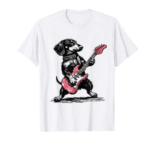 Vintage Dachshund Weenie Playing Guitar Funny Dog Rocker T-Shirt