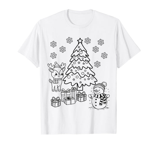 Merry Christmas Tree Snowman XMAS DIY Kids Coloring T-Shirt
