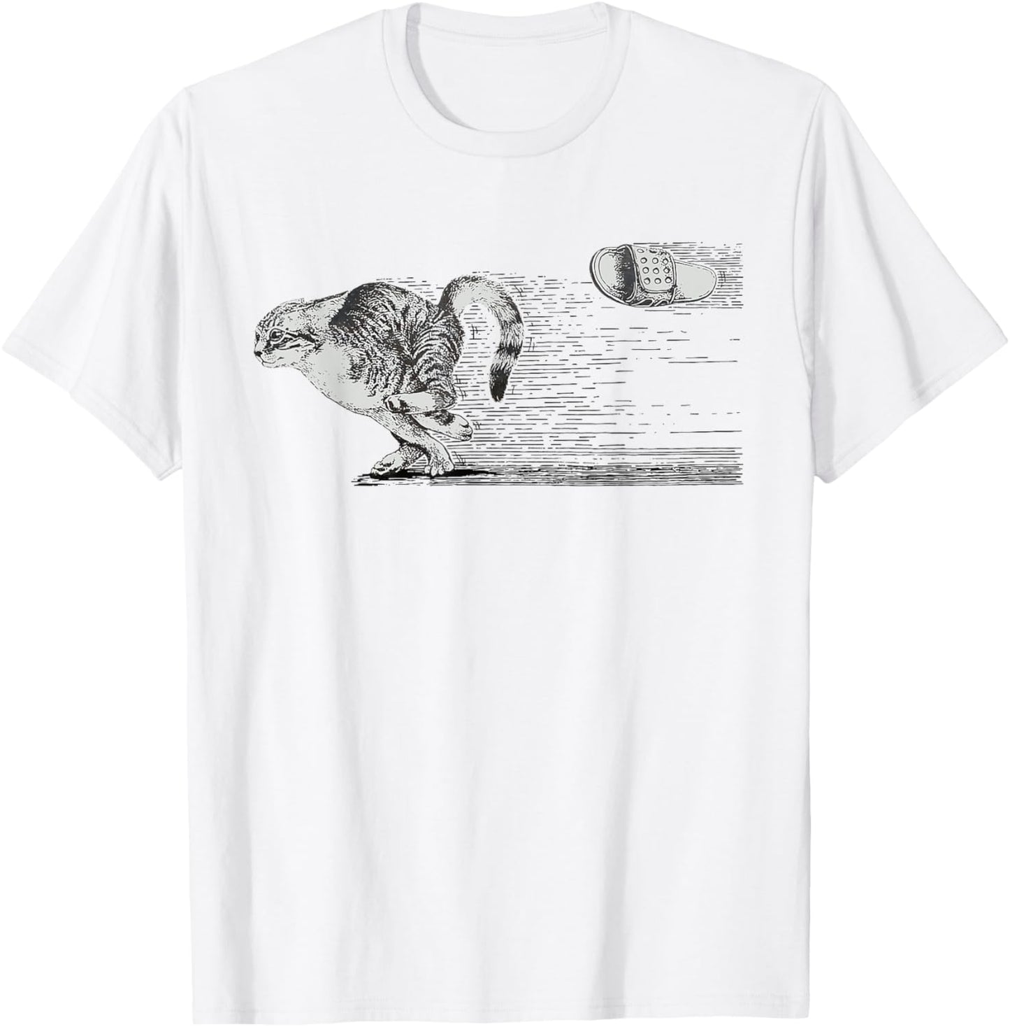 Cat runs away from slipper throw T-Shirt