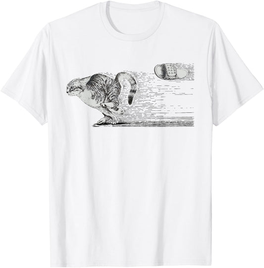 Cat runs away from slipper throw T-Shirt