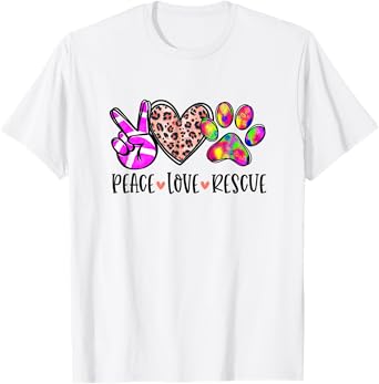 Animal Rescue Gifts Men Women Kids Peace Love Adopt Dog Cat T-Shirt