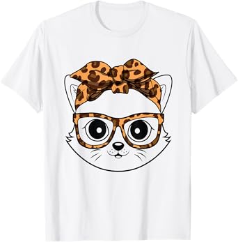 Cute Cat Face Wearing Leopard Print Glasses T-Shirt